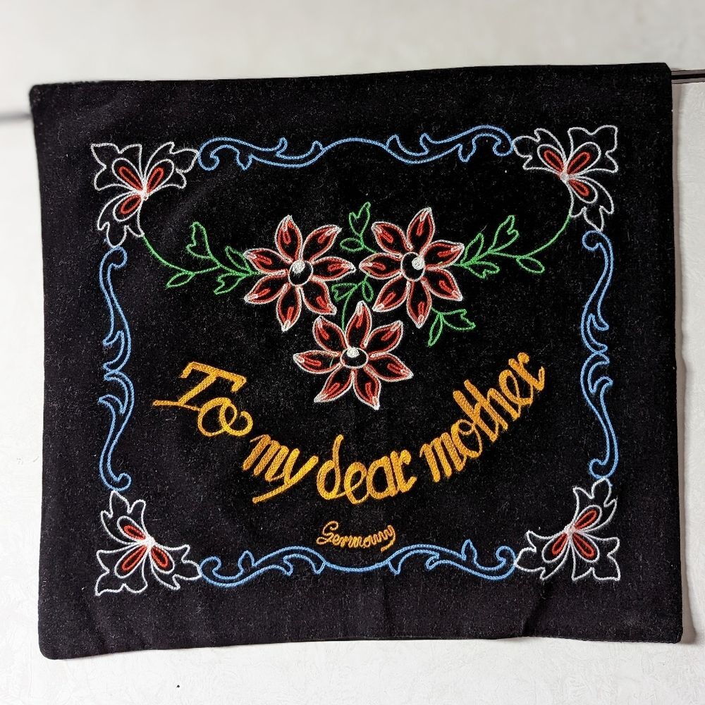 Vintage Black Velvet Embroidered To My Dear Mother Souvenir Germany Pillowcase